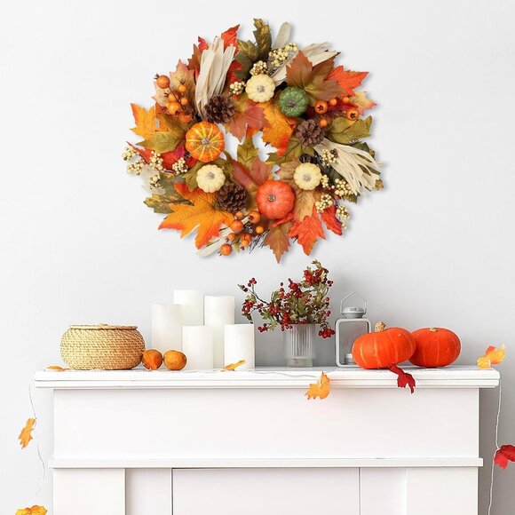 Fall Wreaths for Front Door, 20inchs Autumn Wreath with Hangers Pumpkin Maple Au - Picture 5 of 7
